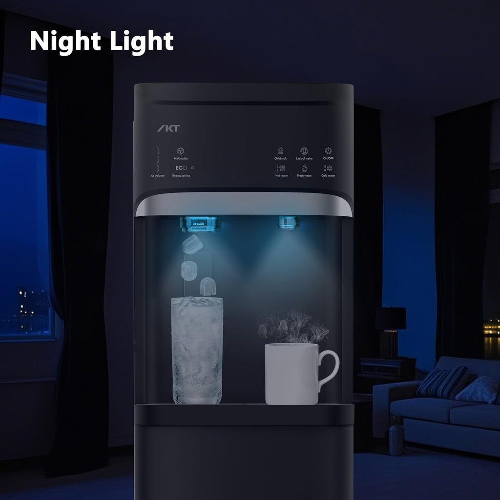 IKT Self-Clean Bottom Loading Hot and Cold Water Dispenser with Ice Maker Machine for 5 Gallon Bottle 22lbs Daily Capacity Ice Full Alert Black