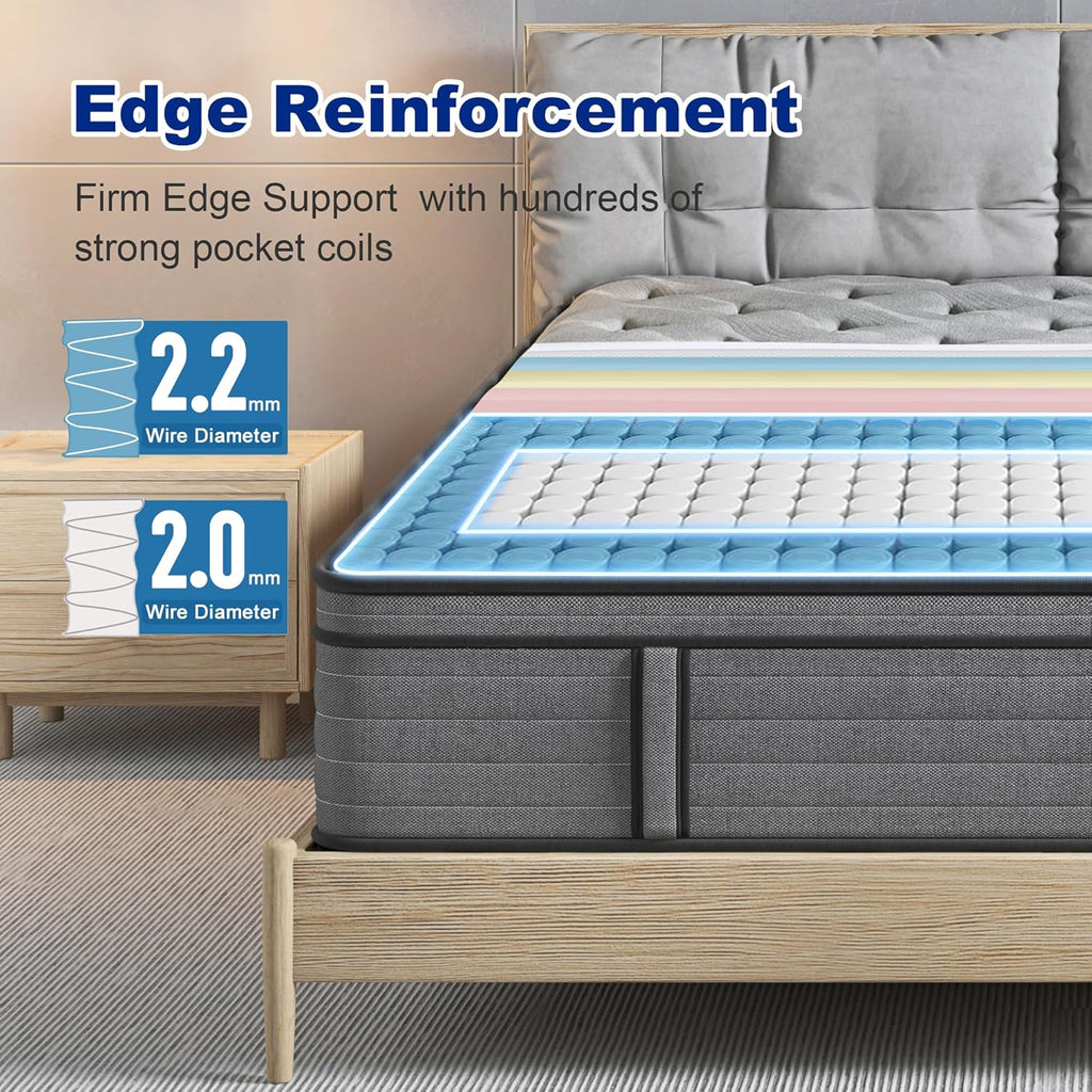 Firm King Mattress,12 Inch King Size Hybrid Mattress with Extra Lumbar Support for Back Pain Relief, Cool Sleep, Edge Support, Firm Pocket Spring with Motion Isolation, Fiberglass-Free