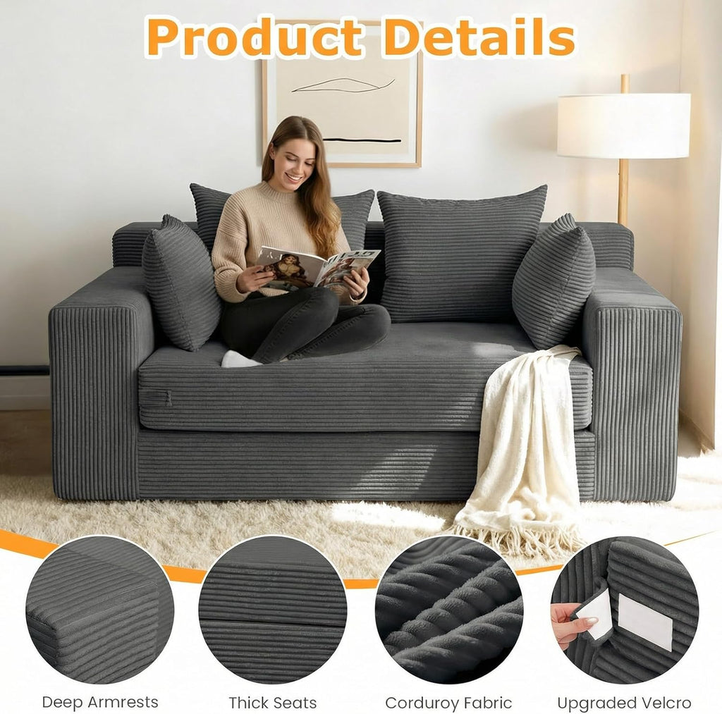 Winzon Boneless Loveseat, 3 in 1 Convertible Sofa Bed Sleeper Sofa Floor Futon Bed with 4 Pillows, 55" Grey Boneless Couch for Living Room, Guest Room, Small Space, No Assembly Required, Corduroy