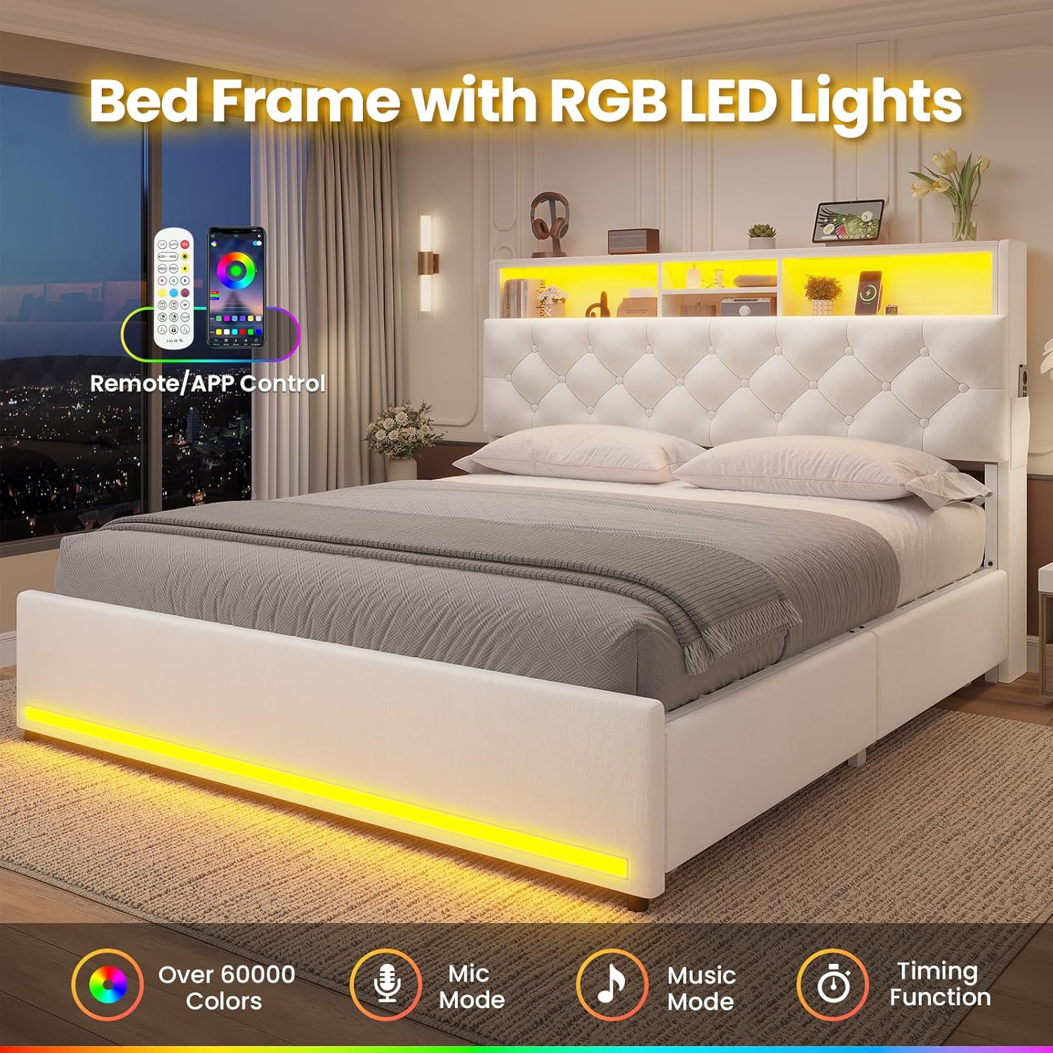 Full Size Bed Frame with Bookcase Headboard,LED Bed Frame with Charging Station, 4 Storage Drawer, Modern Velvet Upholstered Platform Bed with 5 Shelf, No Box Spring Needed, Creamy White