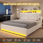 Queen Bed Frame with Bookcase Headboard,LED Bed Frame with 4 Storage Drawers,Power Outlet, Modern Velvet Upholstered Platform Bed with 5 Shelf, No Box Spring Needed, Creamy White