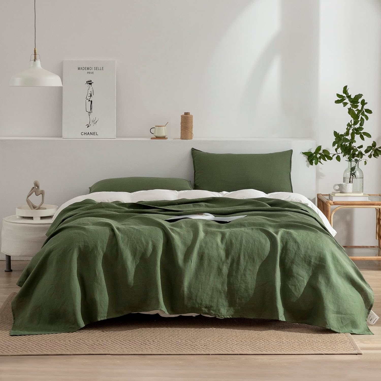 EVERLY Linen Queen Sheets Set, 100% Stonewashed French Linen Bed Sheets Deep Pocket Sheets, 4 Pieces (1 Flat Sheet, 1 Fitted Sheet, 2 Pillowcases) Natural Flax Bedding Set-Mossy Green