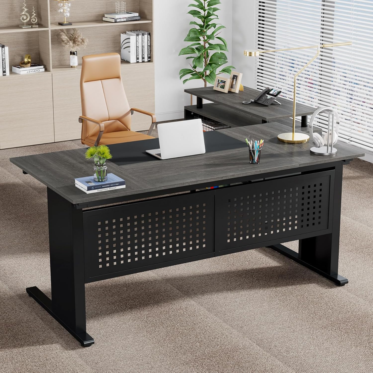 Tribesigns 63 Inch Executive Desk with File Cabinet, L Shaped Office Desk with Drawers and Storage Shelves, Business Furniture Set Workstation for Home Office, Gray and Black