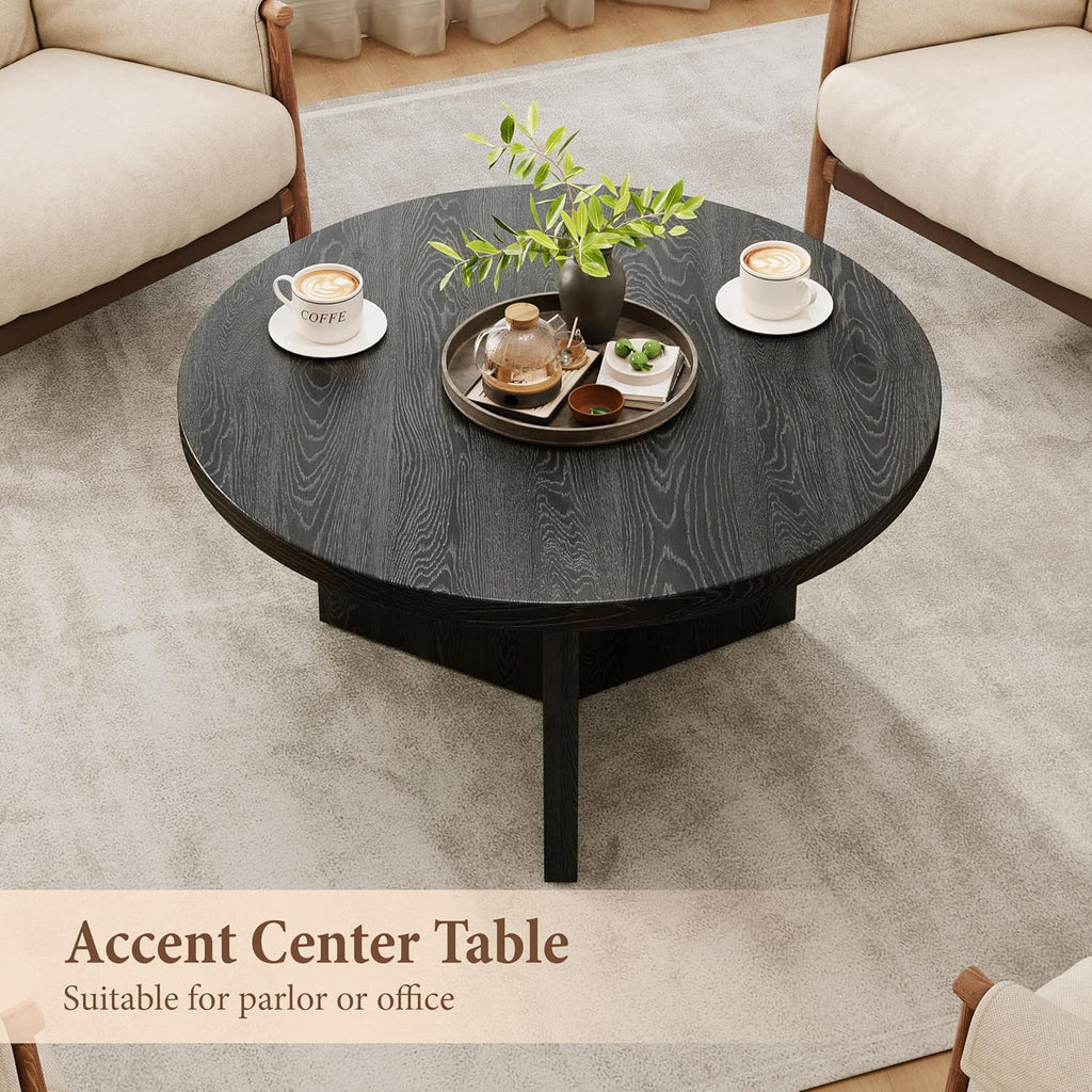 Luoxiao 27.5" Round Black Coffee Table, Modern Wood Grain Center Table with Triangle Pedestal Base, Low Profile Circular Accent Table for Living Room, Small Spaces & Apartments, Easy Assembly