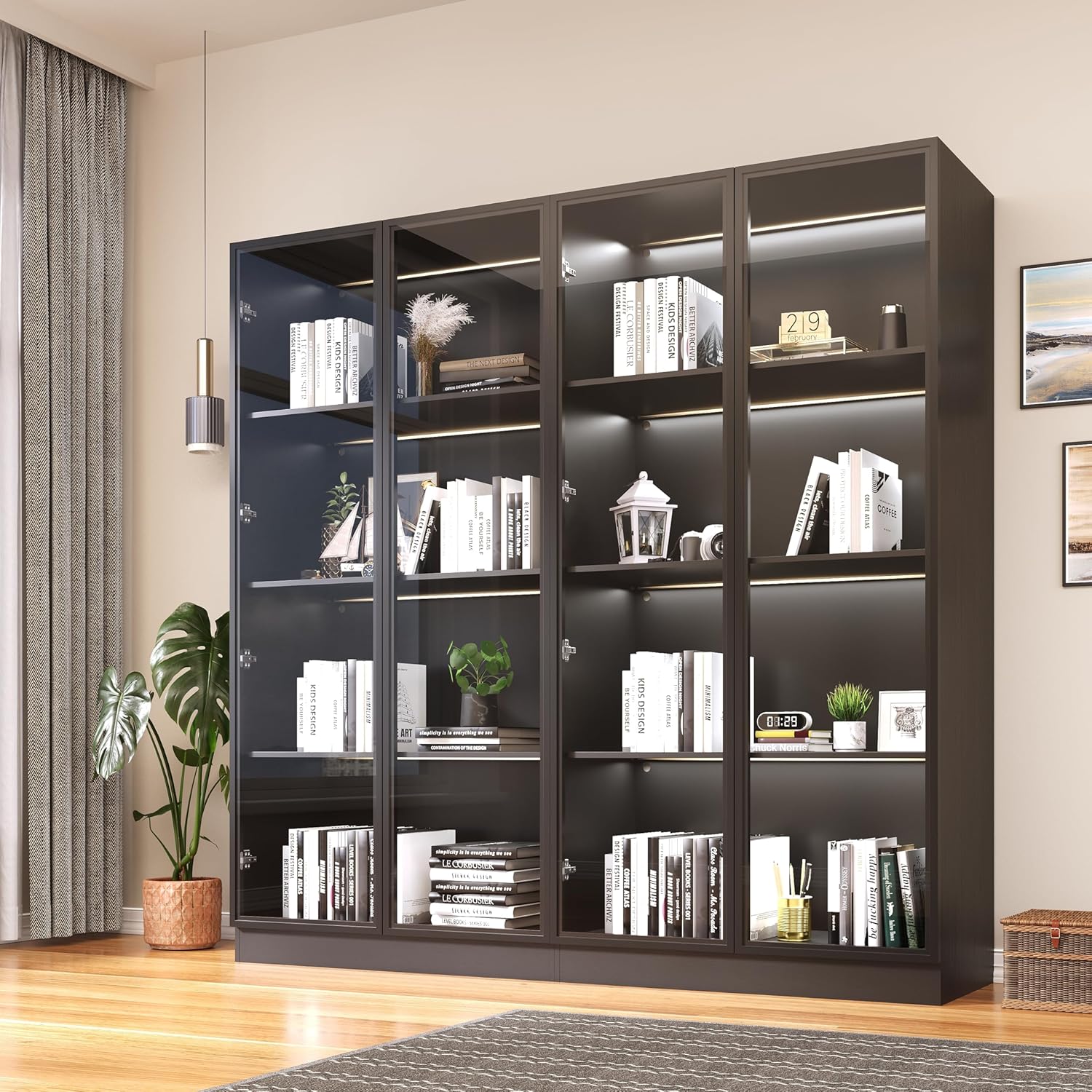 Wooden Display Storage Cabinet with Glass Door, LED Lights,Showcase for Collections, Perfume, Vinyl Albums, Bookcase for Home Office, Living Room, Clinic, Pantry (Black- 4 Layers)