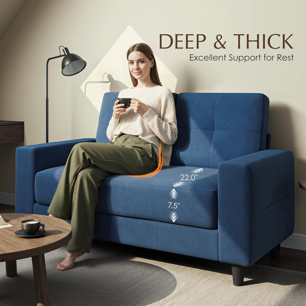 Loveseat Sofa丨53 inch Love Seat Small Couch for Small Space 丨7.5” Thick Seat Cushion Sofas for Bedroom丨Chenille Mini Couch for Apartment Navy Blue