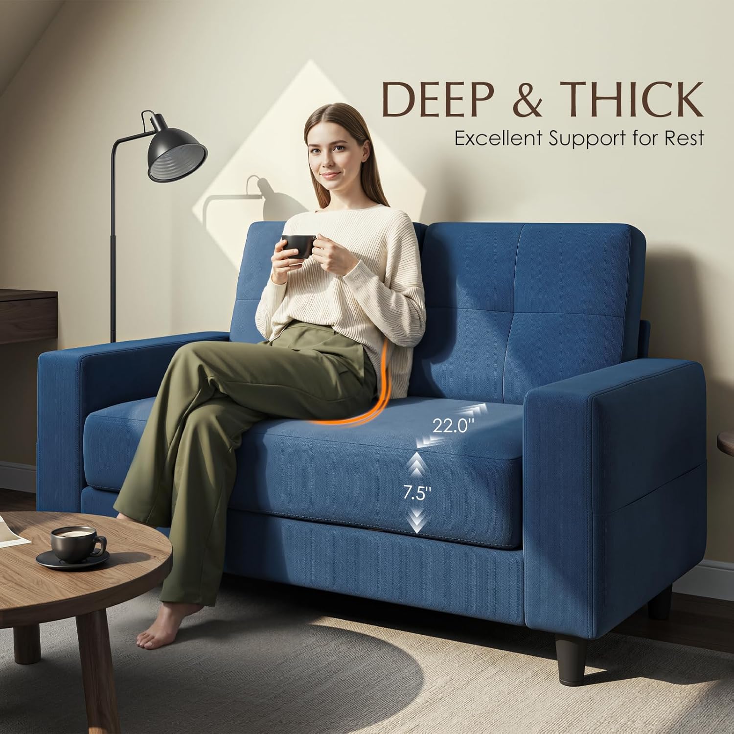 Loveseat Sofa丨53 inch Love Seat Small Couch for Small Space 丨7.5” Thick Seat Cushion Sofas for Bedroom丨Chenille Mini Couch for Apartment Navy Blue