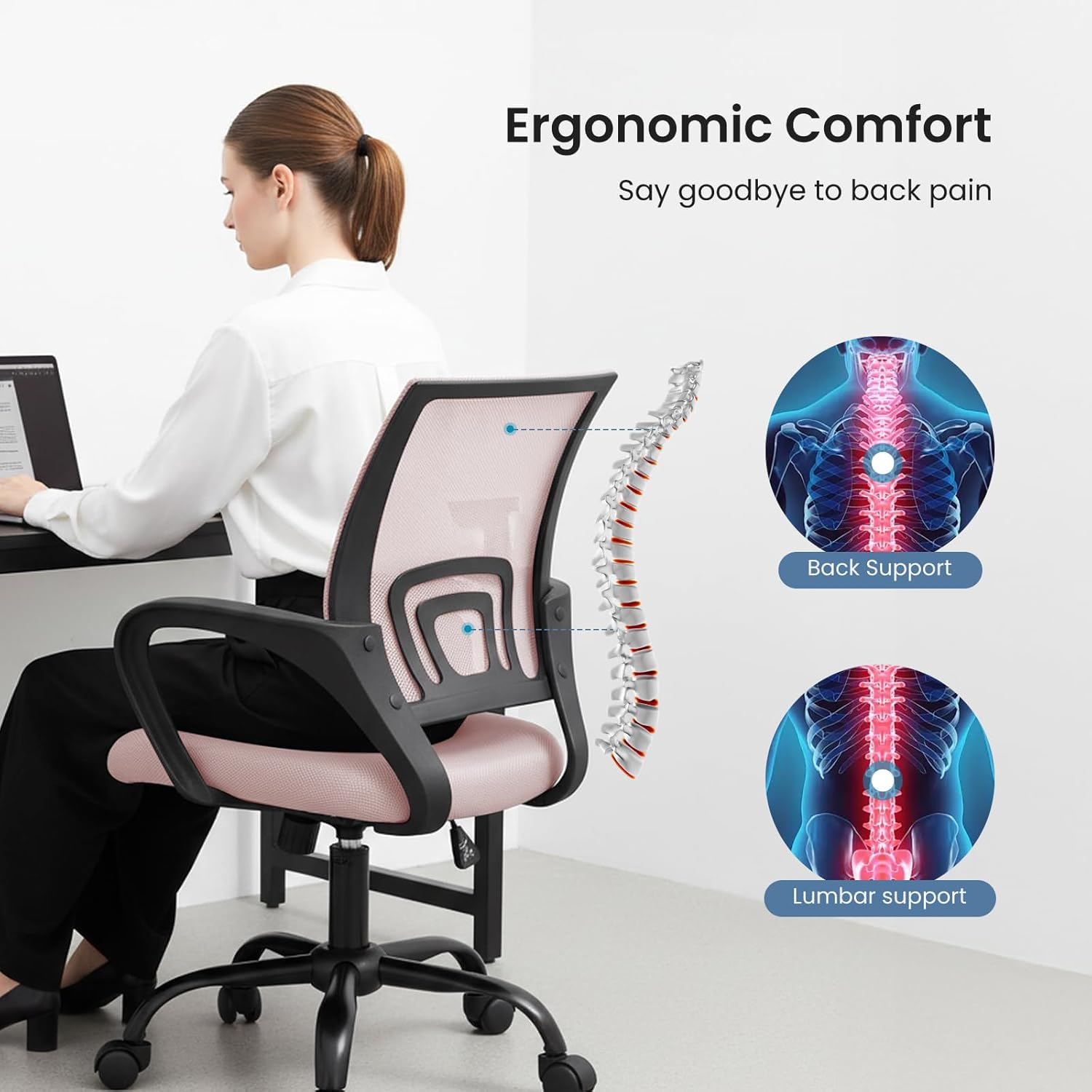 DUMOS Home Office Chair - Ergonomic Mid Back Mesh Desk Chair with Lumbar Support & Rocking Mode, Height Adjustable with Fixed Armrest, for Computer, Gaming, Meeting, 360° Swivel, Pink