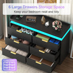 6 Drawer Dresser for Bedroom, Black Dresser with LED Lights and Power Outlet, Wooden Dressers Chests of Drawers, Double Wide Dressers for Bedroom, Entryway, Hallway
