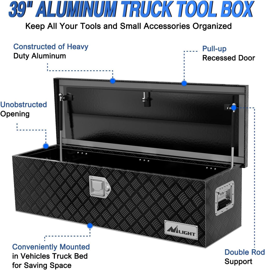 Nilight 39 Inch Truck Tool Box Heavy Duty Aluminum Stripes Plated Pick Up Truck Bed Toolboxes 39"x13"x10" Waterproof Storage Organizer for Bed of Truck RV Trailer with Side Handle Lock Keys, Black
