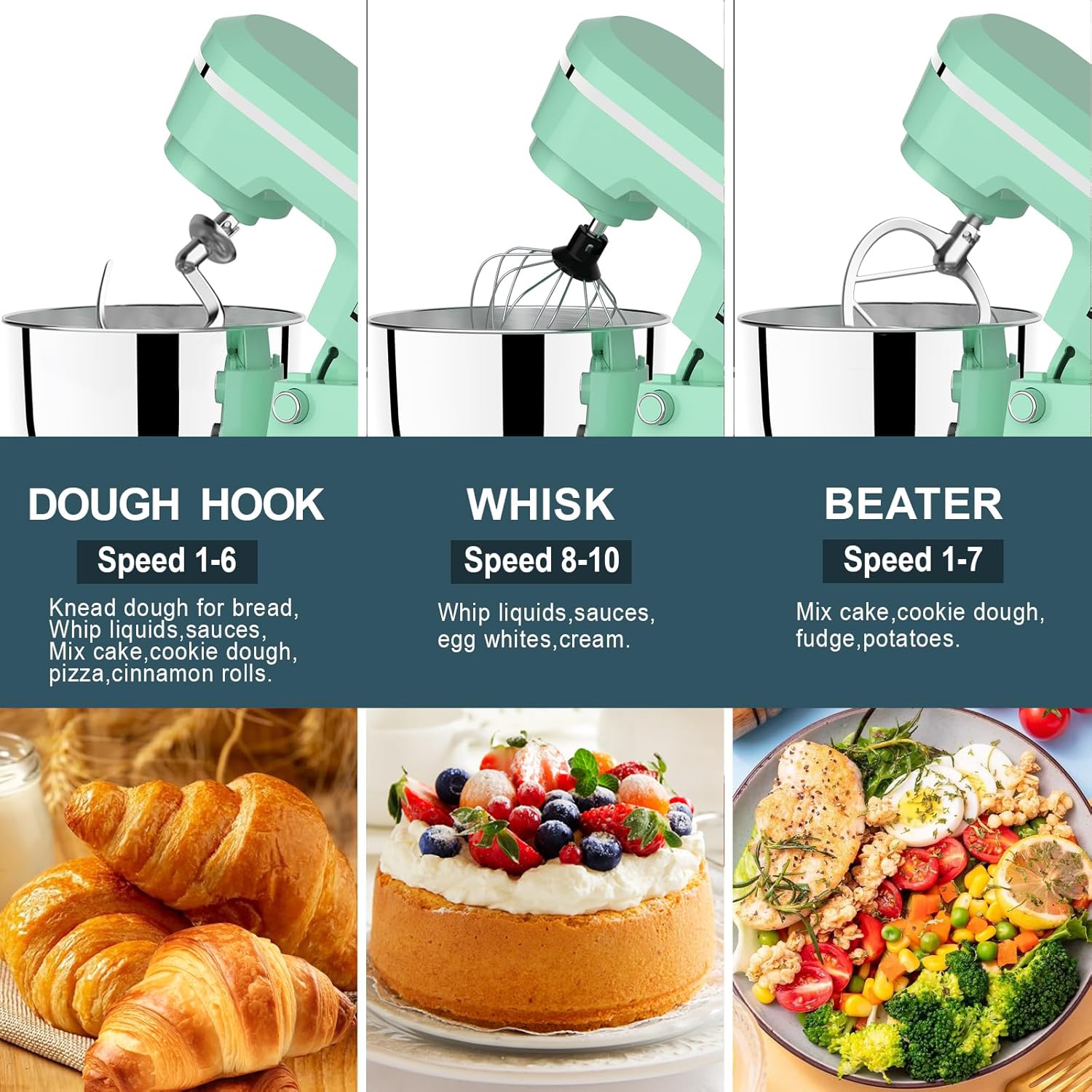 Electric Stand Mixer with 6.5 Quart Bowl, 660W Household Food Mixer 10+p Speeds, Kitchen Tilt-Head Bread Dough and Cake Mixers with Dough Hook, Whisk, Beater, Splash Guard and Egg Separator