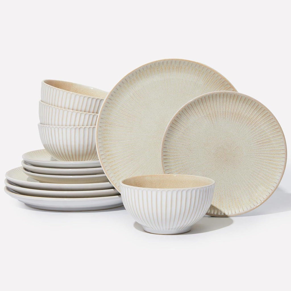 Pokini Ceramic Dinnerware Sets for 4, 12 Pieces Embossed Stoneware Plates and Bowls Sets, Scratch Resistant Dish Sets, Distinctive Granulated Surface, Housewarming Wedding Gift, Brown
