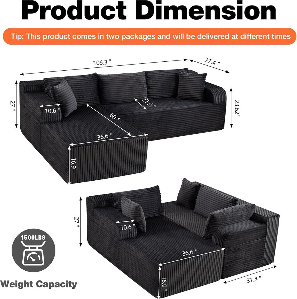 106” Cloud Modular Sectional Sofa with L-Shape Chaise and Deep Seat, Corduroy Memory Foam Boneless Compressed Couch for Living Room, No Assembly Required(Left Facing Chaise, Dark Grey)