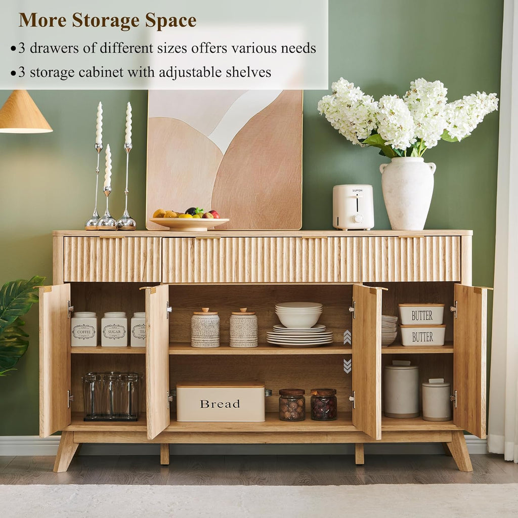 T4TREAM Large Buffet Sideboard Cabinet with Storages, 60" Fluted Modern Buffet Table Coffee Bar Wine Bar Storage Cabinet with 3 Drawers & 4 Doors for Dining Room, Living Room, Hallway(Natural Oak) | with Storages, Coffee Bar, Wine Bar, Storage Cabine