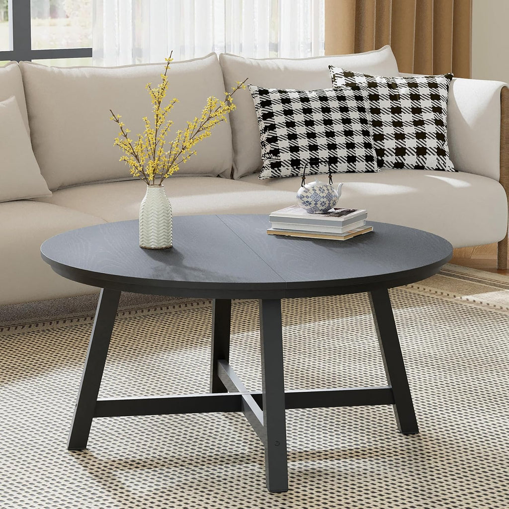 GarveeHome Round Coffee Table 36" Center Table,Large Coffee Table Black Accent Tables with Adjustable Feet, Living Room Tables with Thickened Legs and Designed Wood Grain, Easy Assemble