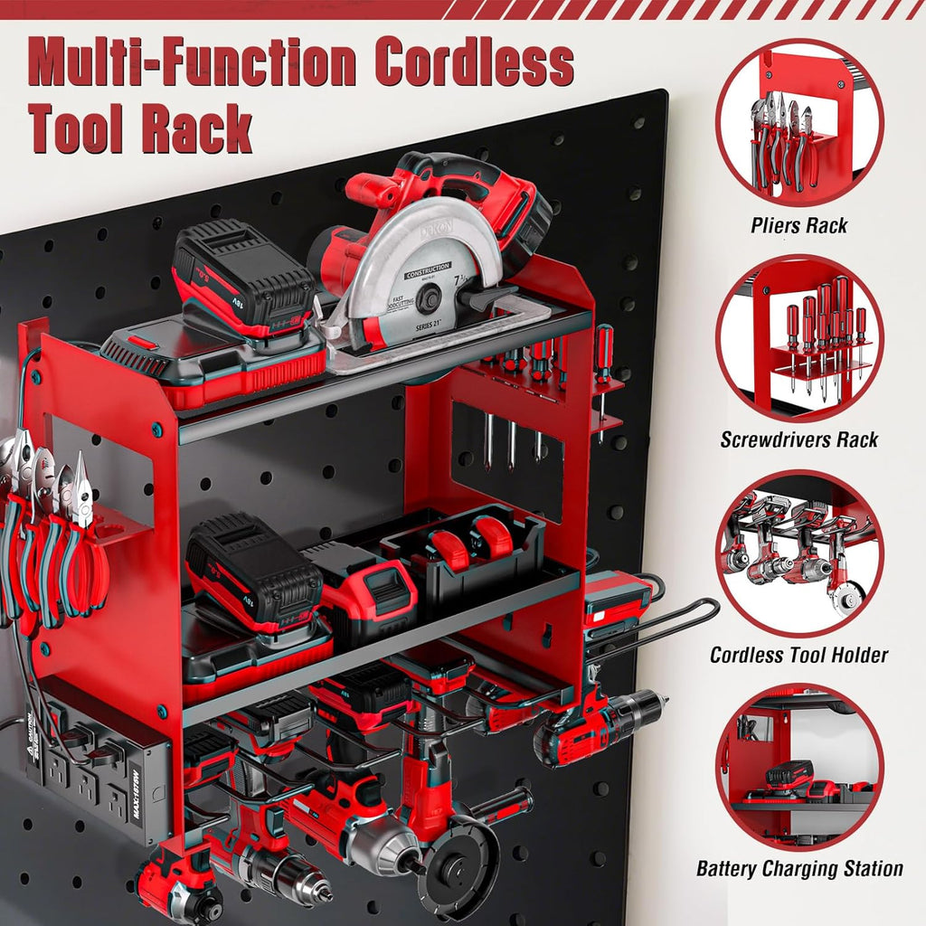 YYR Power Tool Organizer Wall Mount with Charging Station, Cordless Tools Hanger and Battery Storage Rack for Garage Organization, Heavy Duty Drill Holder Shelf Build in Metal Power Strip - Red