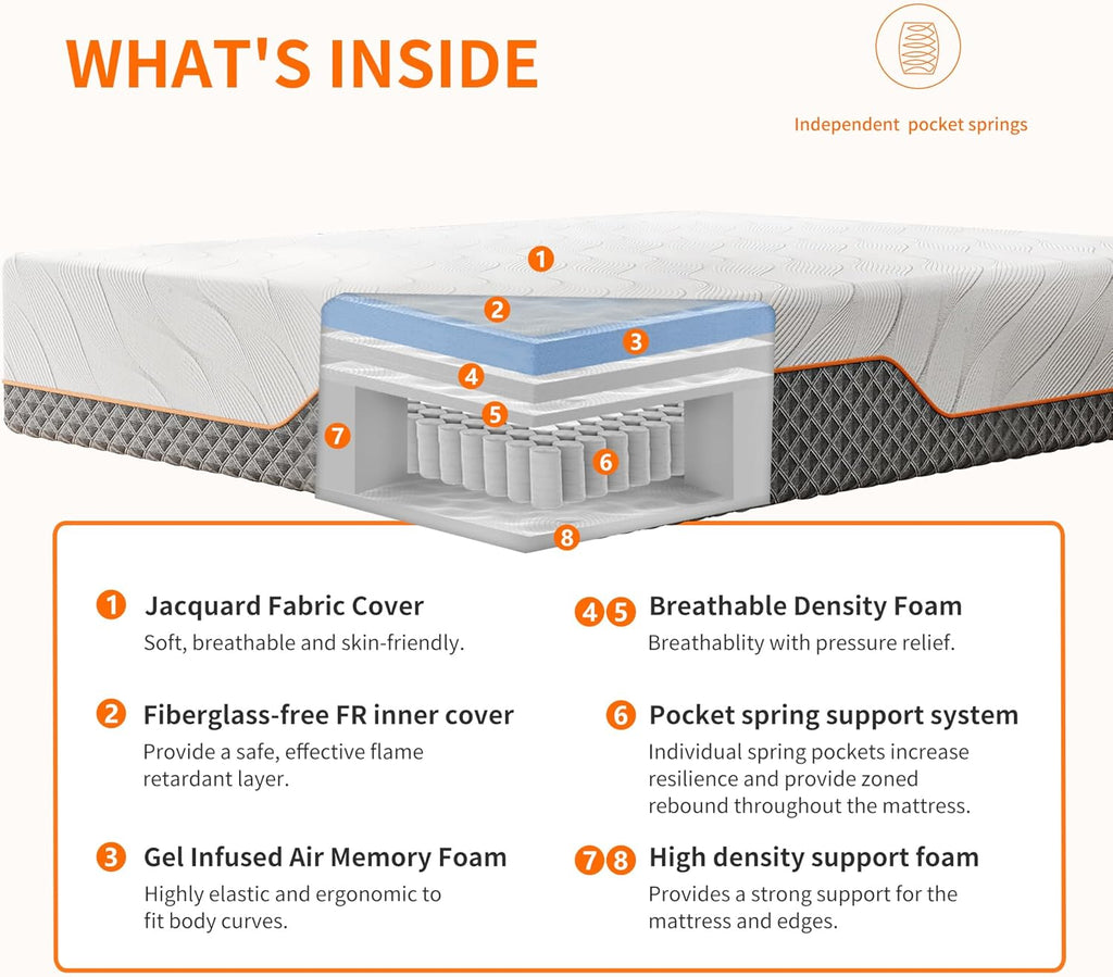 ESHINE Adjustable Bed Frame with 12" Hybrid Mattress with Luxury Gel Memory Foam(Medium), Split King Upholstered Bed Frames with Massage, Wireless Remote, USB, Under Bed Night Light, Head/Foot Incline