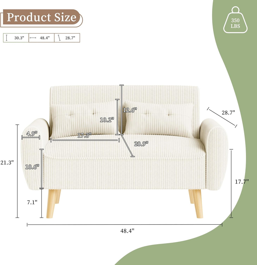 Vongrasig 48" Small Modern Loveseat Sofa, Mid Century Soft Corduroy Fabric 3-Seat Sofa Couch Tufted with Back Cushions and Tapered Legs for Living Room, Bedroom and Small Space, White