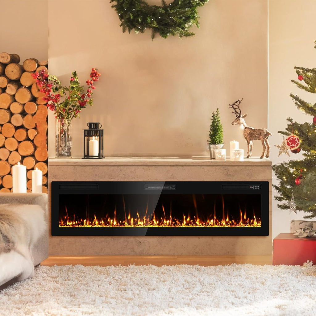 2025Upgraded 72” Recessed and Wall Mounted Electric Fireplace, Ultra Thin Narrow Beleze Fire Places with Remote Control, Screen Control,Adjustable Flame Colors and Speed