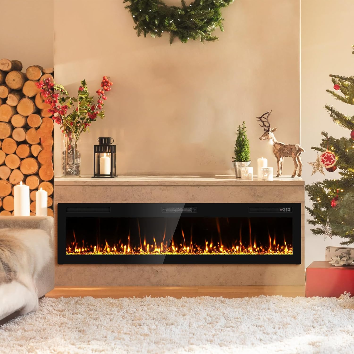 2025Upgraded 72” Recessed and Wall Mounted Electric Fireplace, Ultra Thin Narrow Beleze Fire Places with Remote Control, Screen Control,Adjustable Flame Colors and Speed