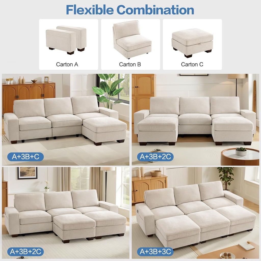 TEKAMON 100" Modular Sectional Sofa with Seats Storage, L Shaped Couch with Movable Ottoman for Living Room, Couch with Chaise, Solid Wood Frame, Spring Cushions, USB Port, Removable Covers, Beige | Seats Storage, Movable Ottoman, Flexible ModularSof