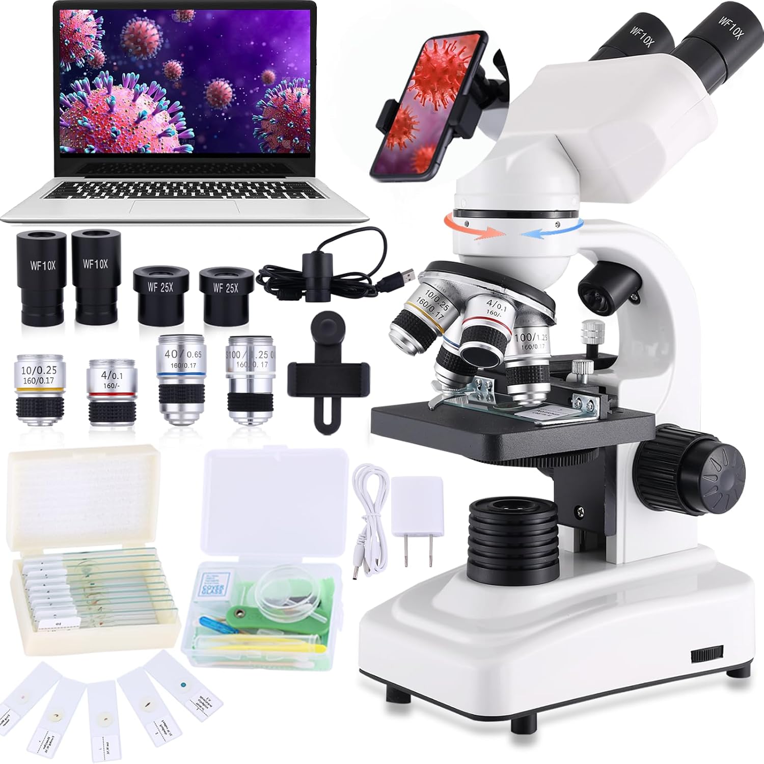Compound Microscope .40X-2500X  .WF10x and WF25x eyepieces  Dual LED Lighting and Two-Layer Mechanical Stage .Microscope for Adults…