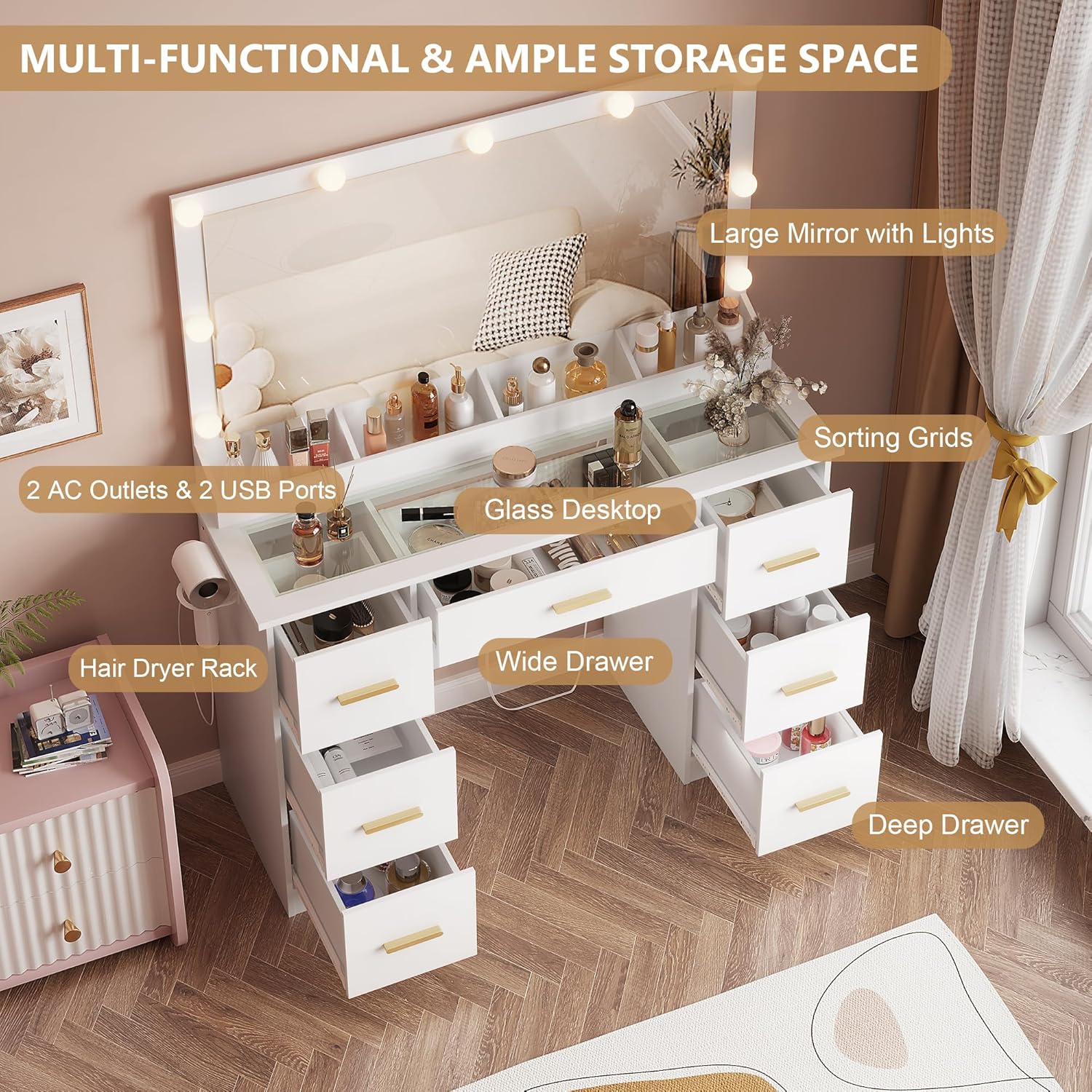 44" Vanity Desk with Mirror and Lights, Glass Top Makeup Vanity with RGB Ambient Lights & 7 Drawers, Large Dressing Table with Power Outlet for Bedroom, White