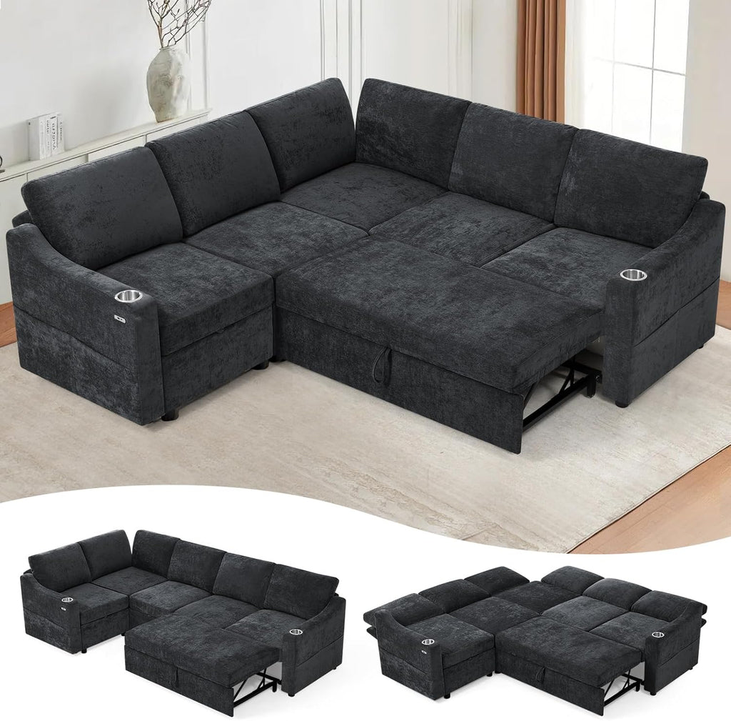 84" Chenille Modular Sleeper Sofa with Adjustable Backrests, Convertible Corner Sofa with USB Ports, L-Shape Sectional Couch with Pull-Out Bed & Storage Space for House, Living Room, Black