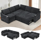 84" Chenille Modular Sleeper Sofa with Adjustable Backrests, Convertible Corner Sofa with USB Ports, L-Shape Sectional Couch with Pull-Out Bed & Storage Space for House, Living Room, Black