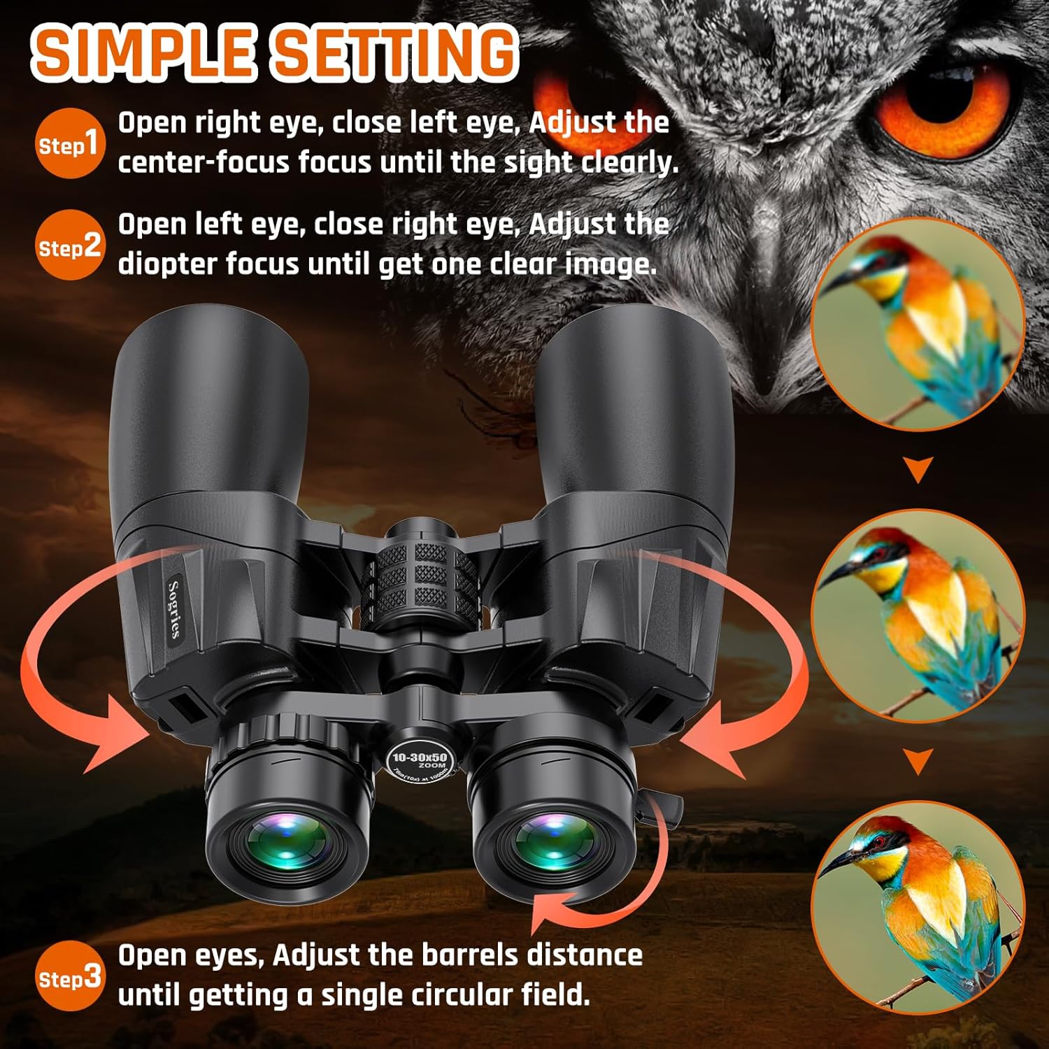 10-30x50 Zoom Binoculars for Adults  High Powered Military Binoculars for Bird Watching Traveling Hunting Concerts with Large View BAK4 FMC Lens Clear Low Light Vision at Night