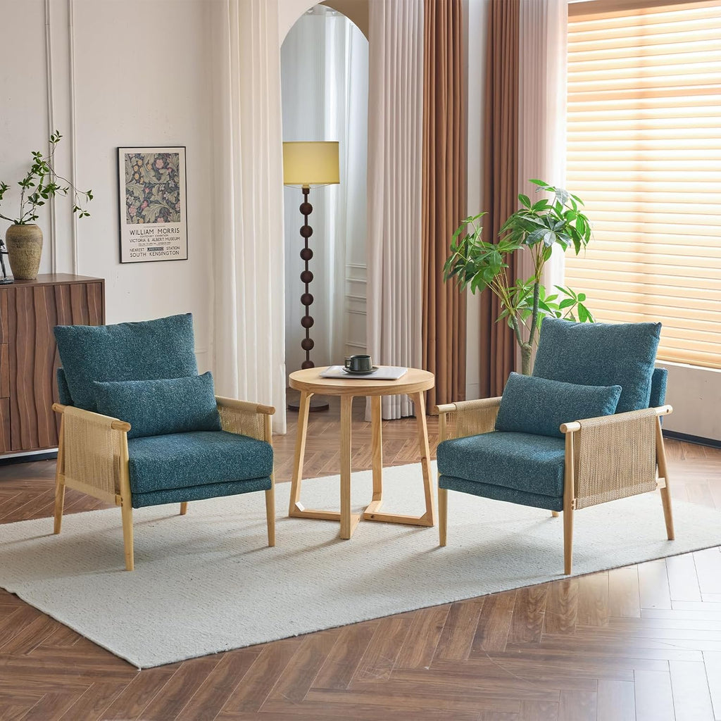 Karl home Cozy Chenille Accent Chair with Lumbar Pillow & Rattan Arms Modern Lounge Chair for Living Room, Bedroom, Reading Nook, Blue & Green
