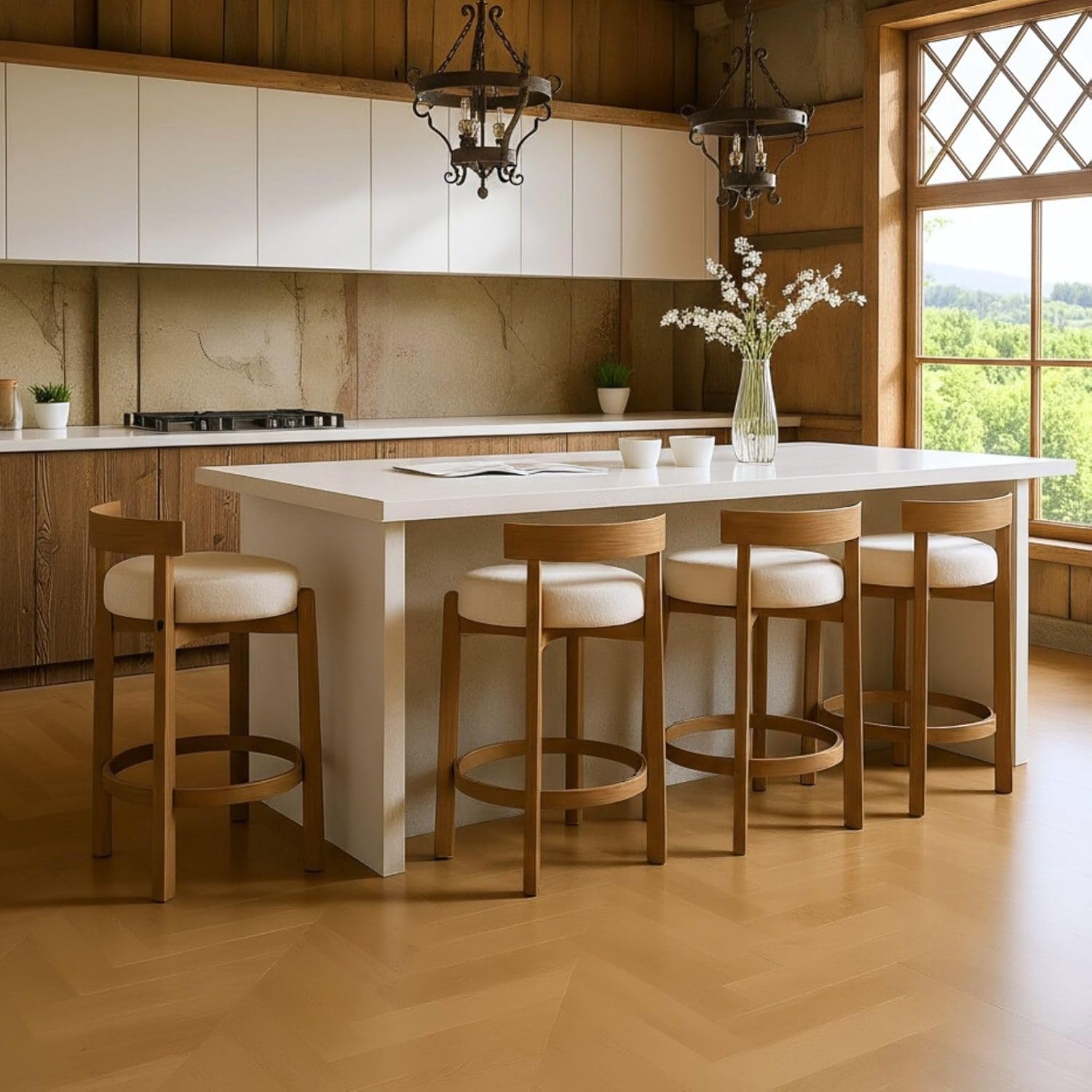 LukeAlon Mid Century Linen Counter Stools Set of 4, Upholstered 26.5” Seat Height Low Barstools with Natural Wood Legs Round Low Back Kitchen Stools with Footrest for Dining Room, Beige