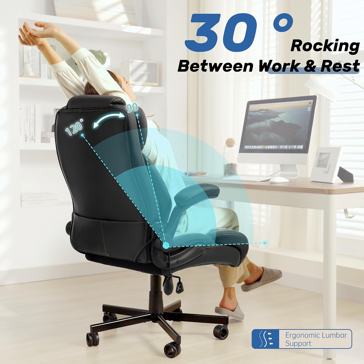 550LBS Big and Tall Office Chair, Comfy Heavy Duty Executive Chair with Adjustable Lumbar Support Double Spaces Casters, PU Leather Extra Wide Seat Ergonomic Computer Desk Chair for Back Pain, Black