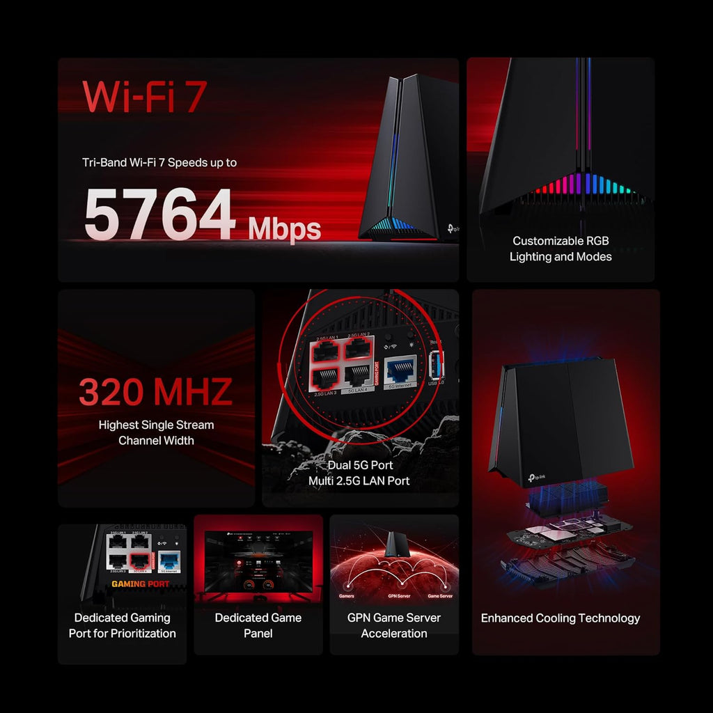 TP-Link Tri-Band BE11000 Wi-Fi 7 Gaming Router Archer GE650 | 6-Stream 11 Gbps supports 320MHz | 2×5G + 3×2.5G Ports USB 3.0 | Game Acceleration  Dedicated Gaming Port & Panel  RGB Lighting|HomeShield