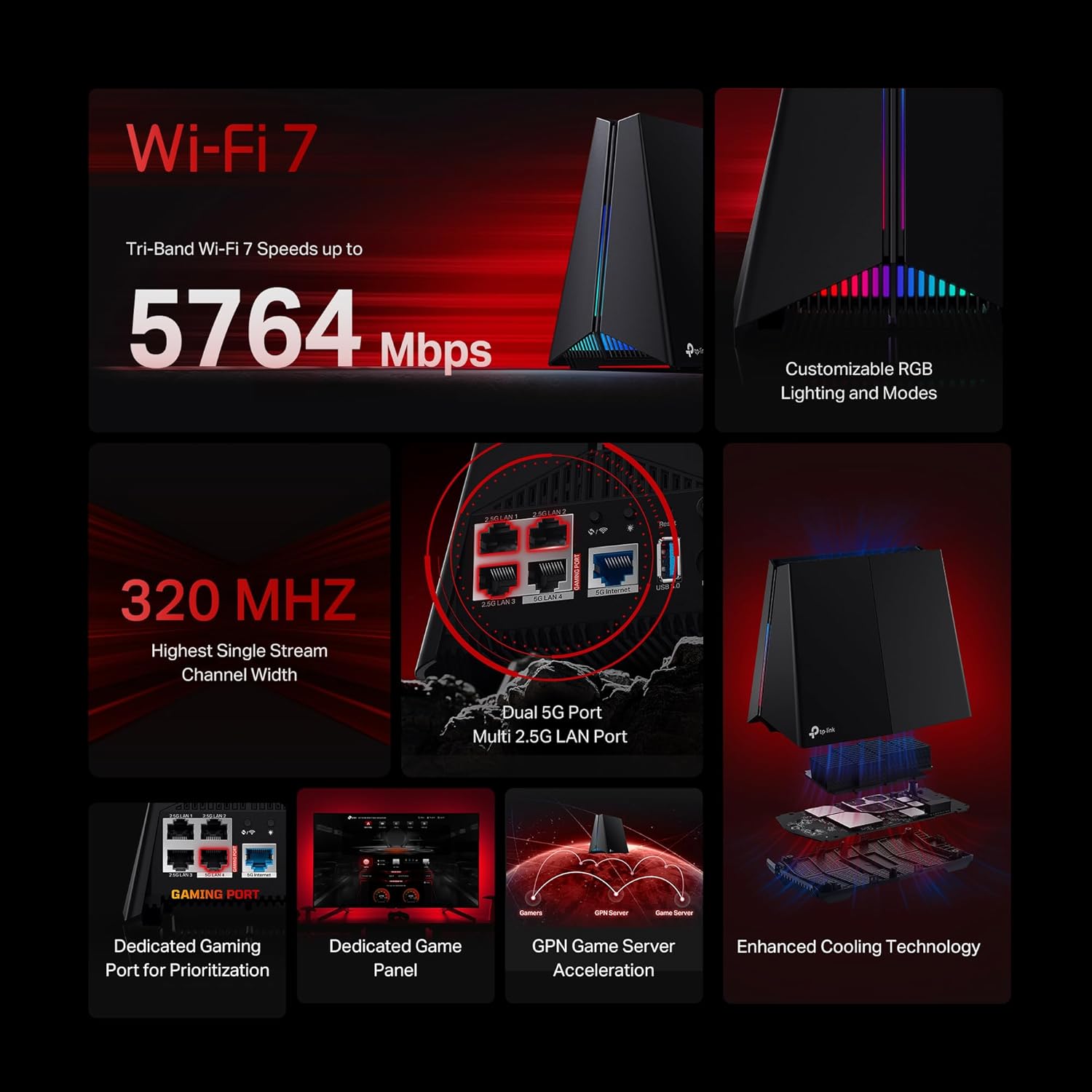 TP-Link Tri-Band BE11000 Wi-Fi 7 Gaming Router Archer GE650 | 6-Stream 11 Gbps supports 320MHz | 2×5G + 3×2.5G Ports USB 3.0 | Game Acceleration  Dedicated Gaming Port & Panel  RGB Lighting|HomeShield