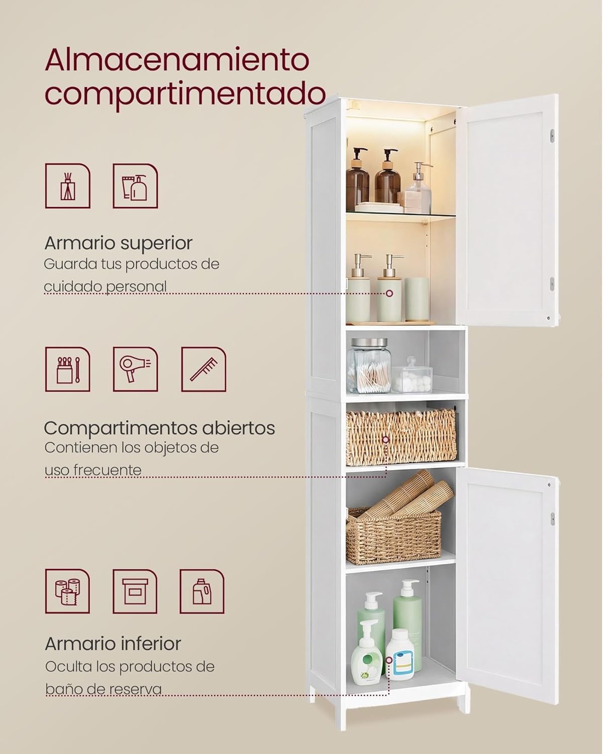 VASAGLE Tall Bathroom Cabinet with Lights, Slim Freestanding Bathroom Storage Cabinet with Adjustable Shelves, for Small Spaces, Modern, 15.7 Inches Wide, Cloud White UBBC766W02