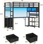 ADORNEVE Twin Size Loft Bed with L-Shaped Gaming Desk, Storage Drawers & Hutch, Expanded Safety Power Outlet, Metal Loft Bed Frame with RGB Lights, Space Saving for Teens, Black
