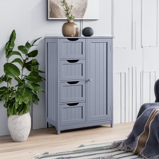 Yaheetech Large Bathroom Storage Cabinet, Freestanding Floor Cabinet with 4 Dawers and 1 Door, Adjustable Shelf, Bathroom Storage Organizer with 3 Shelves, for Living Room Kitchen Hallway, Gray