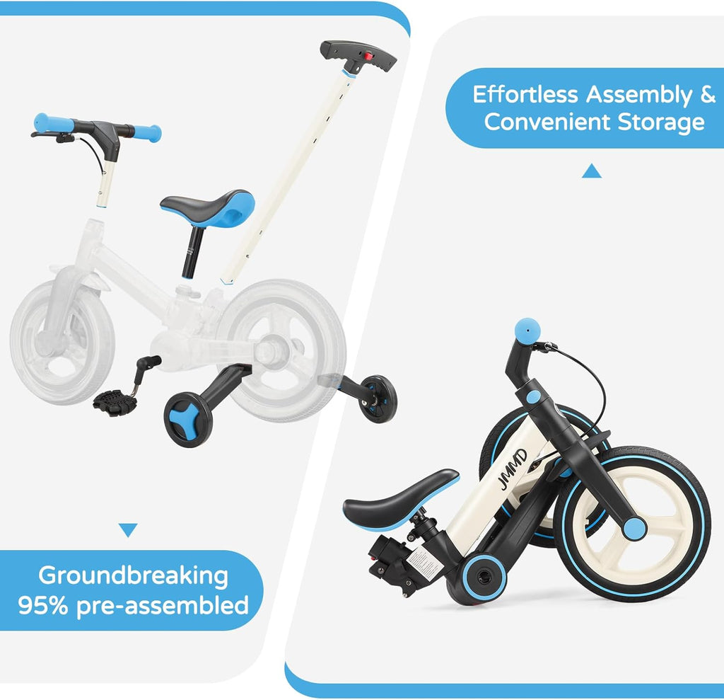 JMMD 6 in 1 Toddler Bike with Push Handle for Kids 18-60 Months, 12" Foldable Balance Bike with Training Wheels, Pedals, Brakes, Kickstand, Push Tricycle Toddler Gift & Toys for Boy & Girl