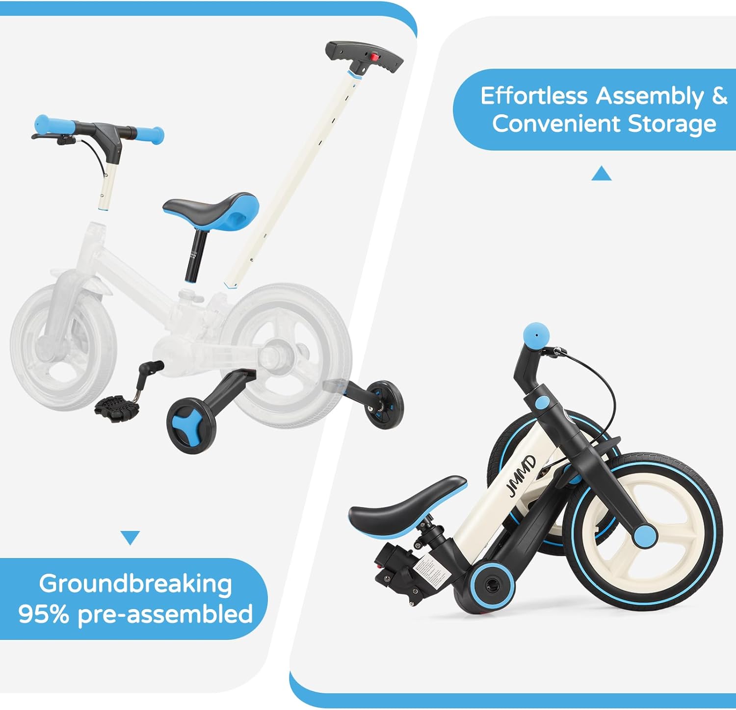 JMMD 6 in 1 Toddler Bike with Push Handle for Kids 18-60 Months, 12" Foldable Balance Bike with Training Wheels, Pedals, Brakes, Kickstand, Push Tricycle Toddler Gift & Toys for Boy & Girl