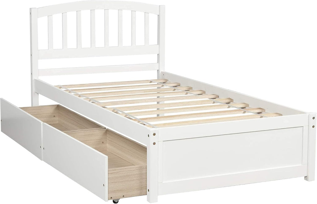 Harper & Bright Designs Twin Storage Bed Frame, Wood Platform Bed with Two Drawers and Headboard, White