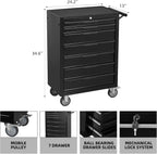 7-Drawer Rolling Tool Chest Cabinet, Large Capacity Metal Tool Box with Wheels and Keyed Locking, Roll Around Storage Organizer Tool Cart for Garage, Warehouse, Work Shop (Black)