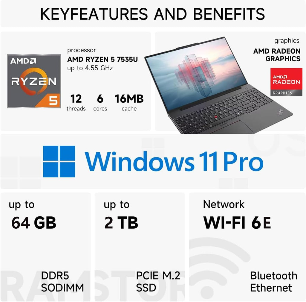 Lenovo ThinkPad E16 Business Laptop  16" FHD+ Anti-Glare Touchscreen  AMD Ryzen 5 7535U  32GB DDR5  1TB SSD  Wi-Fi 6E  Fingerprint  Backlit  Webcam  Windows 11 Pro  Bundle with 7-in-1 USB-C Hub