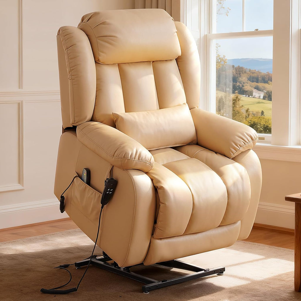 Power Lift Recliner Chair with 8-Point Massage & Heat, Dual Remote, USB/Type-C Ports, Easy-Clean Leather, Width 19.7" (Leather, Beige)