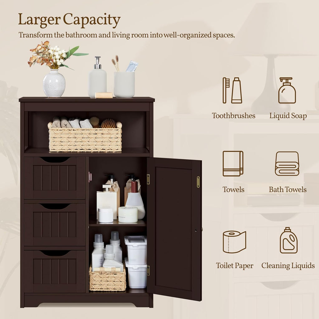 Yaheetech Wood Bathroom Floor Cabinet with 3 Drawers &1 Cupboard, Free Standing Storage Organizer Hallway Entryway Cabinet for Living Room Kitchen, Espresso