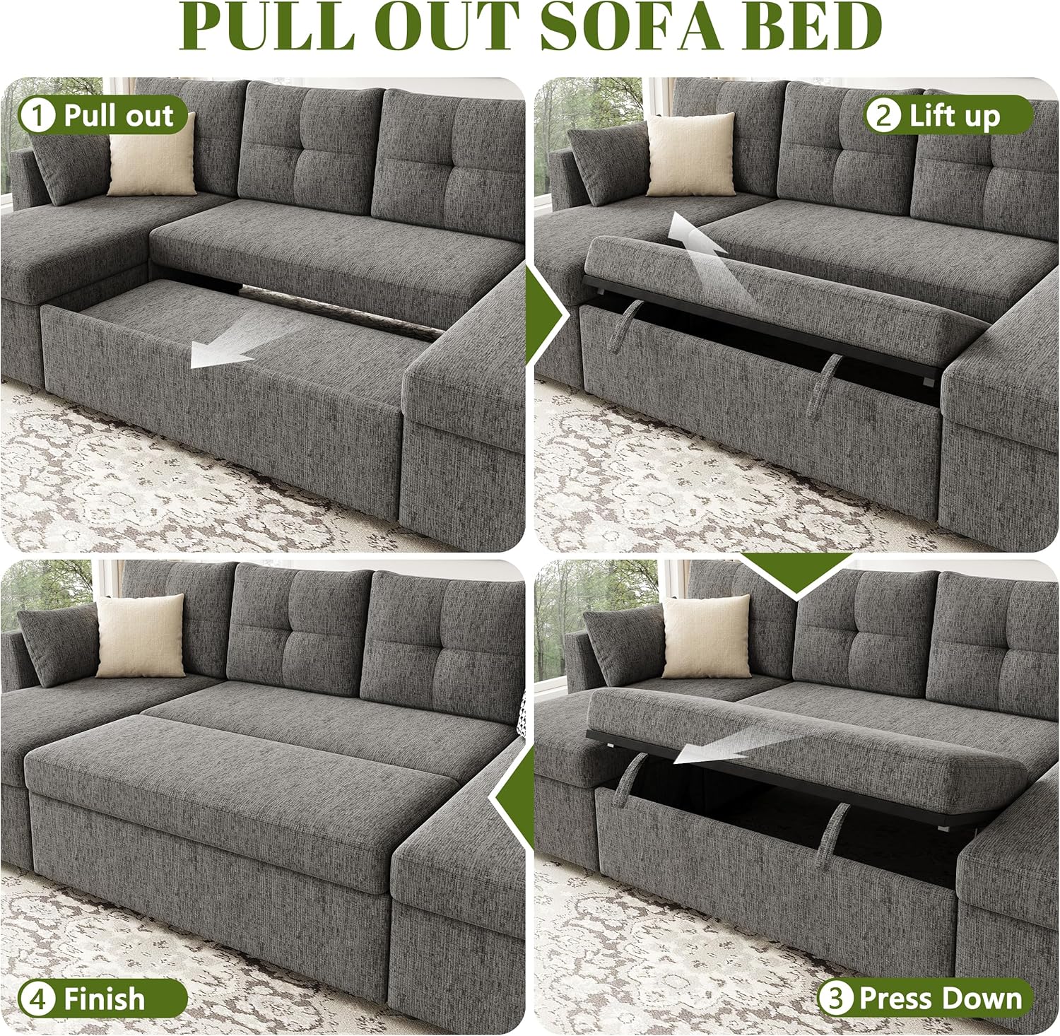 Oversized Sleeper Couch Sofa, 110 inch 2 in 1 Pull Out Couch with Double Storage Chaise, Sectional Sleeper Sofa Bed with Side Pocket for Living Room, Dark Grey