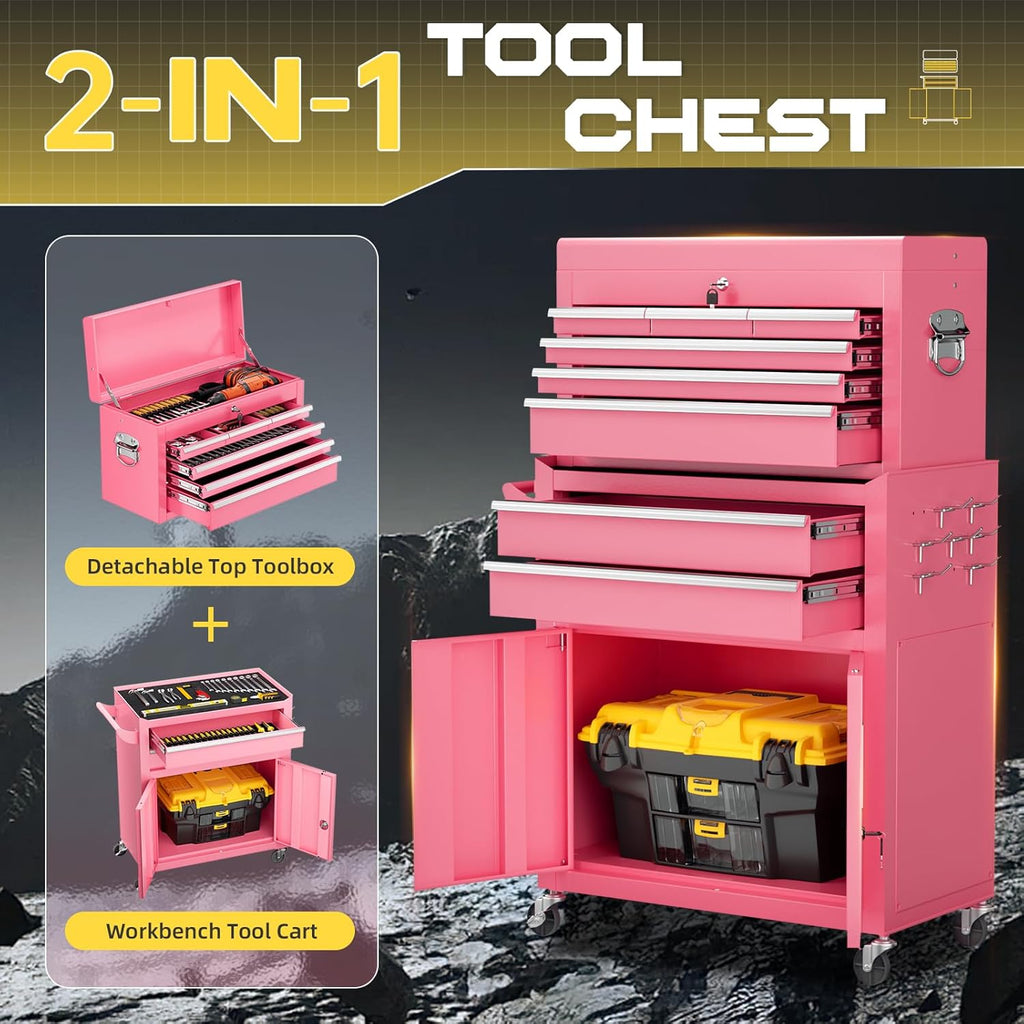 8-Drawer Heavy-Duty Tool Chest with Lock, Mobile Tool Cabinet Cart on Wheels, High-Capacity Mechanic Tool Storage Organizer for Garage Workshop