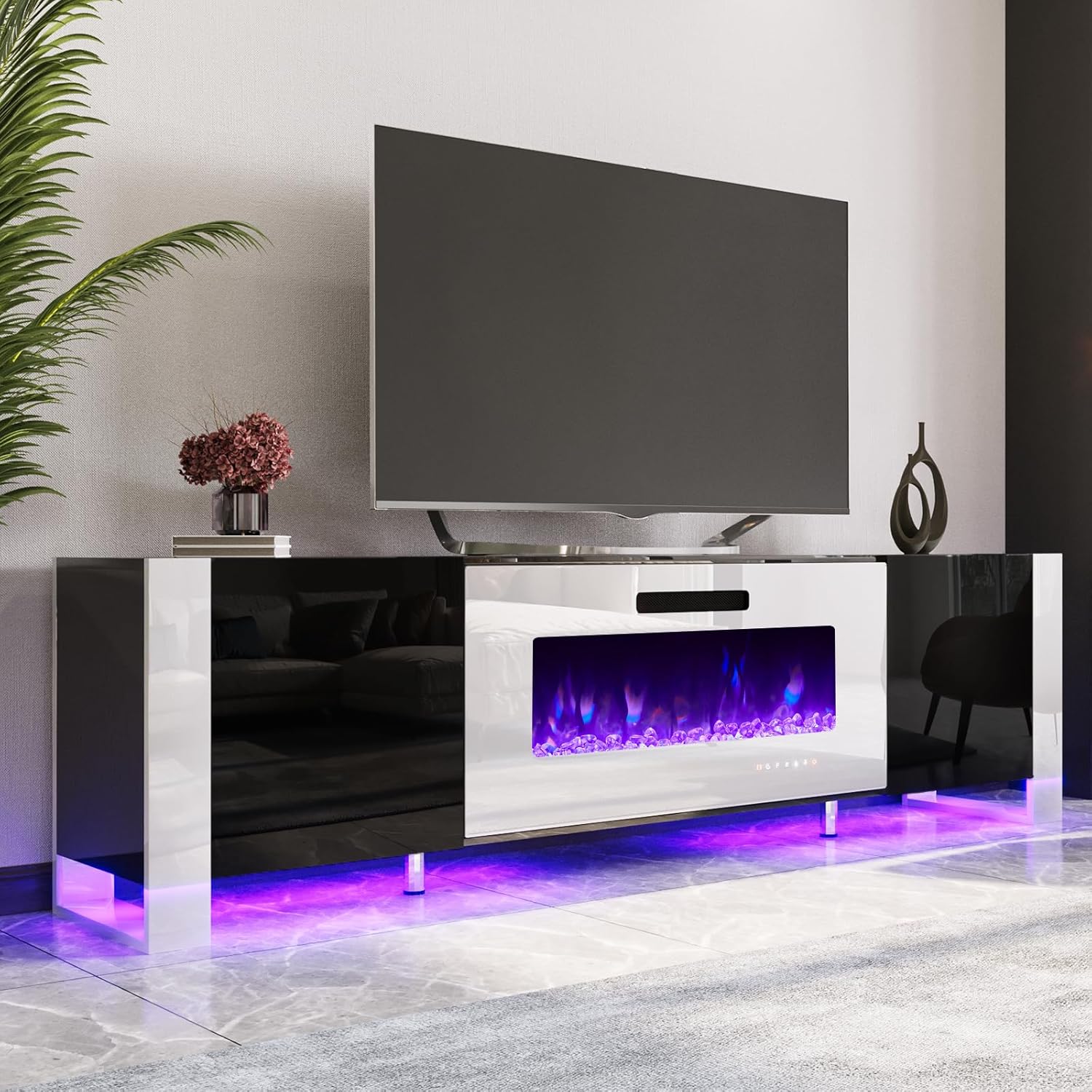AMERLIFE Fireplace TV Stand with 40" Fireplace, 80" Modern Entertainment Center with High Gloss Doors & LED Lights, U-Shaped Legs TV Console Cabinet for TVs Up to 90", Black TV Stand White Fireplace