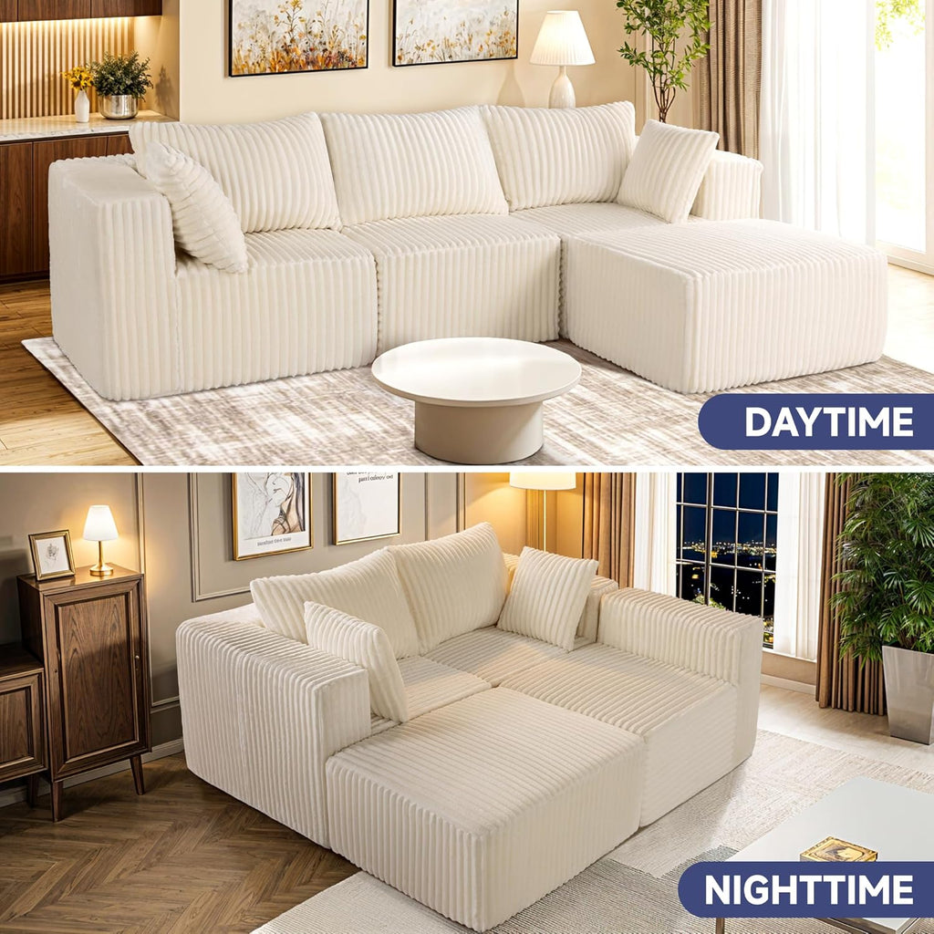 Modular Sectional Sofa, Cloud Couch with Extra-Wide Deep Seats, No-Assembly Plush Corduroy Sleeper Sofa for Living Room or Apartment (Light Cream, L-Shaped:3+1)