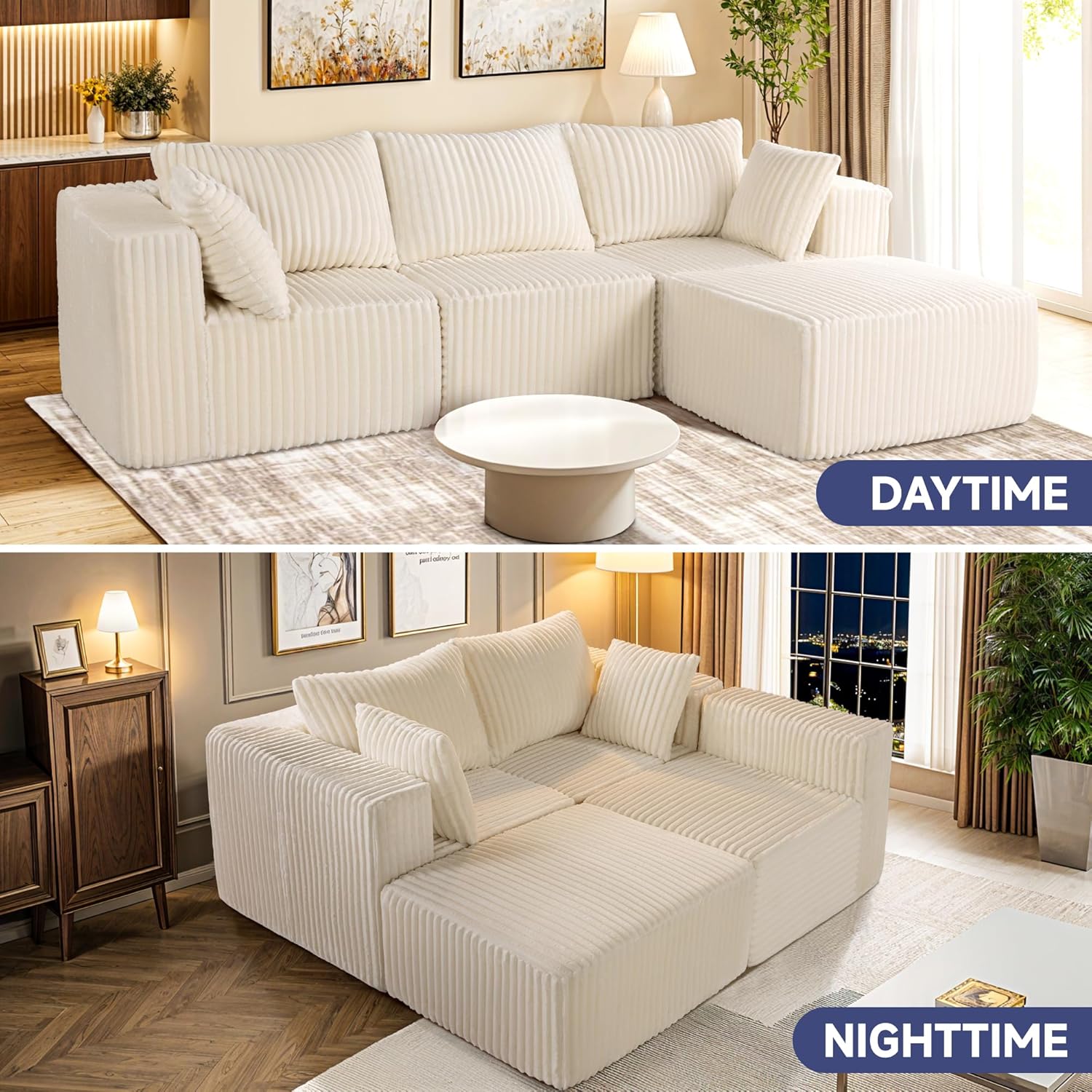 Modular Sectional Sofa, Cloud Couch with Extra-Wide Deep Seats, No-Assembly Plush Corduroy Sleeper Sofa for Living Room or Apartment (Light Cream, L-Shaped:3+1)